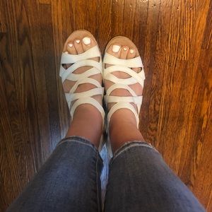 Cork heel sandals with white straps